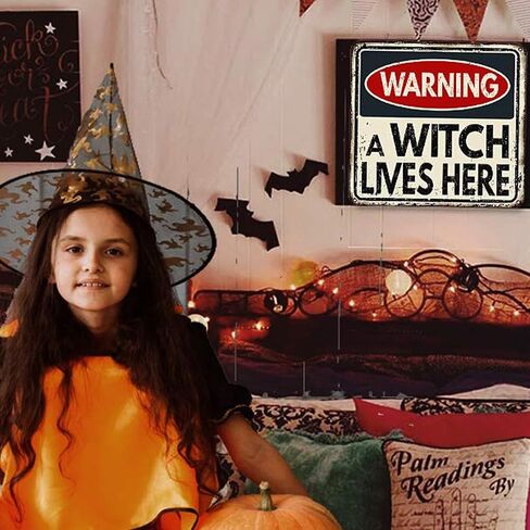 Halloween Decor Beware Sign, Haunted House Warning Decor with Witch Silhouette - Scary Indoor Outdoor Decorations for Lawn, Wall, Garage, Pub - Holiday Party Props 12x12 Inch in Saudi Arabia