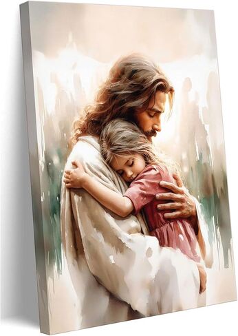 Jesus Holding Little Girl Canvas Wall Art Jesus Christ Loves the World Wall Decor Picture Christian Bible Content Poster Print for Church Prayer Room Bedroom Artwork Home Decoration Ready to Hang in Saudi Arabia