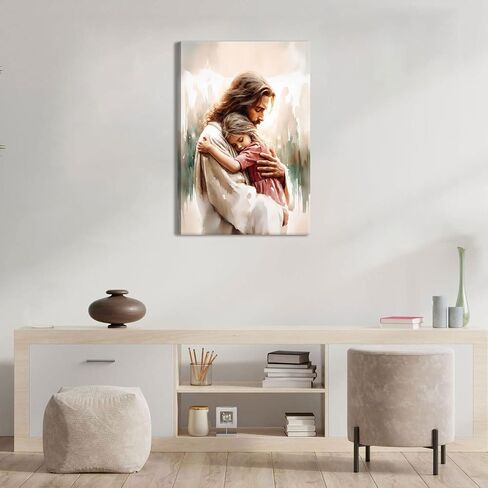 Jesus Holding Little Girl Canvas Wall Art Jesus Christ Loves the World Wall Decor Picture Christian Bible Content Poster Print for Church Prayer Room Bedroom Artwork Home Decoration Ready to Hang in Saudi Arabia