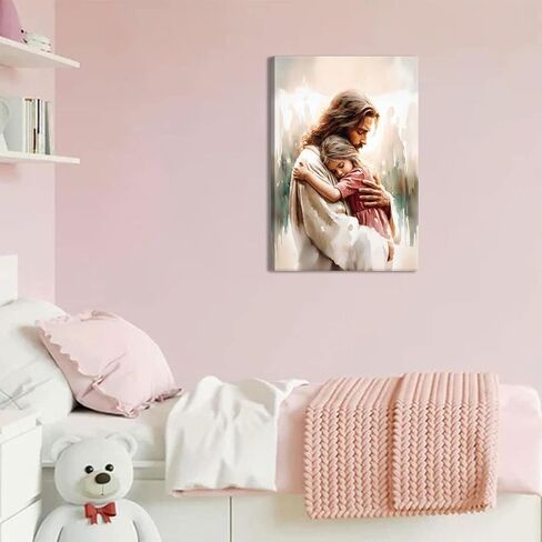 Jesus Holding Little Girl Canvas Wall Art Jesus Christ Loves the World Wall Decor Picture Christian Bible Content Poster Print for Church Prayer Room Bedroom Artwork Home Decoration Ready to Hang in Saudi Arabia