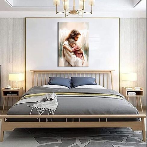 Jesus Holding Little Girl Canvas Wall Art Jesus Christ Loves the World Wall Decor Picture Christian Bible Content Poster Print for Church Prayer Room Bedroom Artwork Home Decoration Ready to Hang in Saudi Arabia