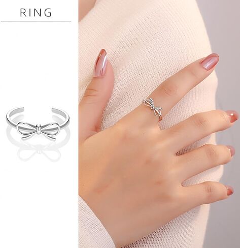 Bow Knot Adjustable Statement Ring for Women 925 Sterling Silver Cute Bowknot Ribbon Stacking Open Finger Rings Birthday Party Wedding Engagement Promise Bands Dainty Jewelry for Daughter in Saudi Arabia