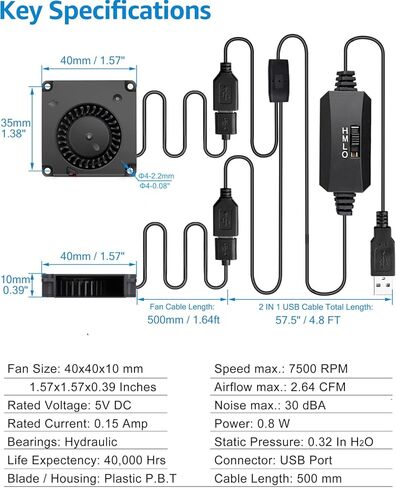 GDSTIME 2-Pack 75mm x 15mm USB Blower Fan with 3 Speed Control, DC 5V Brushless Turbo Cooling Fan for Helmet Laptop 3D Printer in Kuwait