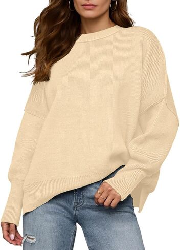 Womens Crewneck Batwing Long Sleeve Sweaters Fall 2024 Oversized Side Slit Ribbed Knit Sweaters Pullover Tops in Kuwait