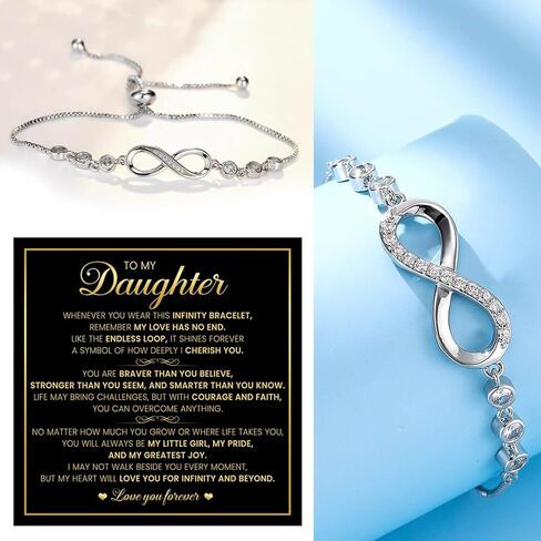 سوار To My Daughter Infinity من الأب والأم - رمز الحب الذي لا نهاية له مع زركونيا مكعب متلألئ، يتضمن صندوق هدايا أنيق، مجوهرات ذات معنى لعيد الميلاد، التخرج، الزفاف، عيد الميلاد in Kuwait