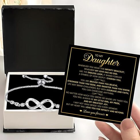 سوار To My Daughter Infinity من الأب والأم - رمز الحب الذي لا نهاية له مع زركونيا مكعب متلألئ، يتضمن صندوق هدايا أنيق، مجوهرات ذات معنى لعيد الميلاد، التخرج، الزفاف، عيد الميلاد in Kuwait
