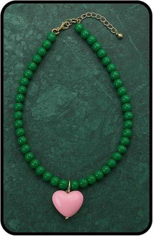 Heart Necklaces For Women, Green Beaded Pink Heart Pendant Choker Necklace Summer Y2K Cute Statement Trendy Dainty Non Tarnish Waterproof Jewelry Gift in Saudi Arabia