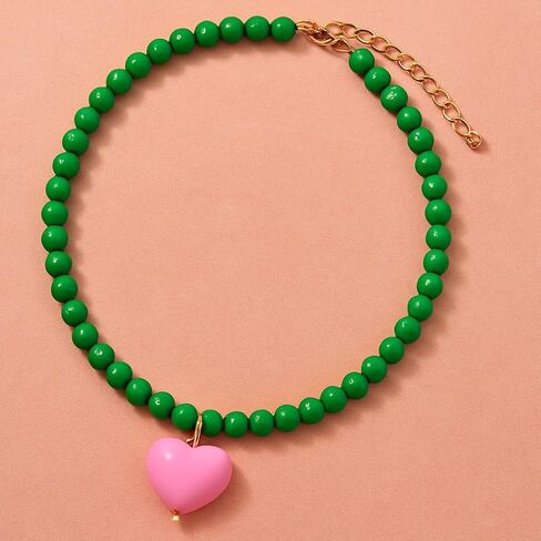 Heart Necklaces For Women, Green Beaded Pink Heart Pendant Choker Necklace Summer Y2K Cute Statement Trendy Dainty Non Tarnish Waterproof Jewelry Gift in Saudi Arabia