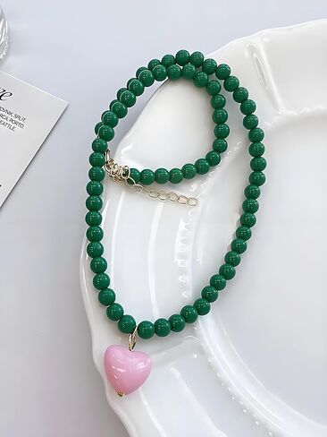 Heart Necklaces For Women, Green Beaded Pink Heart Pendant Choker Necklace Summer Y2K Cute Statement Trendy Dainty Non Tarnish Waterproof Jewelry Gift in Saudi Arabia