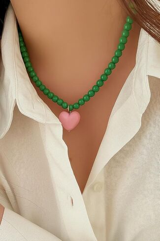 Heart Necklaces For Women, Green Beaded Pink Heart Pendant Choker Necklace Summer Y2K Cute Statement Trendy Dainty Non Tarnish Waterproof Jewelry Gift in Saudi Arabia