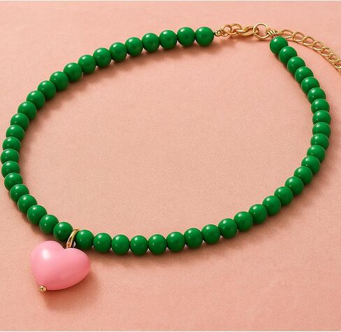 Heart Necklaces For Women, Green Beaded Pink Heart Pendant Choker Necklace Summer Y2K Cute Statement Trendy Dainty Non Tarnish Waterproof Jewelry Gift in Saudi Arabia