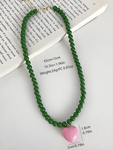 Heart Necklaces For Women, Green Beaded Pink Heart Pendant Choker Necklace Summer Y2K Cute Statement Trendy Dainty Non Tarnish Waterproof Jewelry Gift in Saudi Arabia