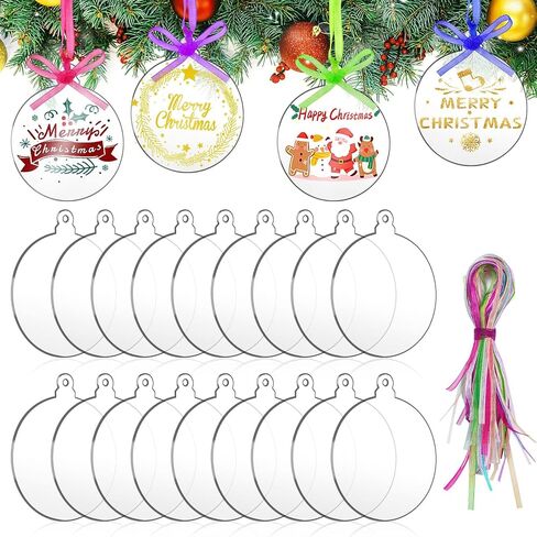 SANNIX 60Pcs 3 Inch Acrylic Ornament Blanks Clear Round Acrylic Christmas Ornament Blank with 70Pcs Ribbons Acrylic Disc Blanks for DIY Craft Christmas Tree Hanging Ornaments Xmas Party Decorations in Saudi Arabia