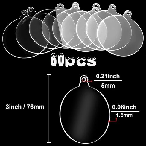 SANNIX 60Pcs 3 Inch Acrylic Ornament Blanks Clear Round Acrylic Christmas Ornament Blank with 70Pcs Ribbons Acrylic Disc Blanks for DIY Craft Christmas Tree Hanging Ornaments Xmas Party Decorations in Saudi Arabia