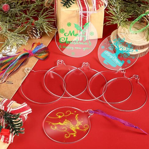 SANNIX 60Pcs 3 Inch Acrylic Ornament Blanks Clear Round Acrylic Christmas Ornament Blank with 70Pcs Ribbons Acrylic Disc Blanks for DIY Craft Christmas Tree Hanging Ornaments Xmas Party Decorations in Saudi Arabia