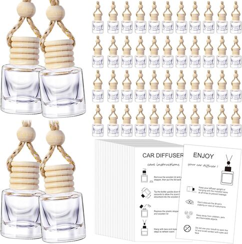 100 Sets Hanging Car Air Freshener Diffuser Bottles Bulk Empty Glass Perfume Bottles with Car Diffuser Instructions Business Cards for Empty Car Essential Oil Diffuser Bottles(Round) in Kuwait