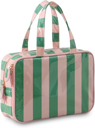 حقيبة أدوات الزينة للسفر للنساء، حقيبة مستحضرات تجميل مخططة مقاومة للماء ومحمولة ومحمولة مع حجرة، منظم سفر للشامبو والبلسم ومجموعة الفرش وإكسسوارات مستحضرات التجميل (وردي-أخضر) in Kuwait