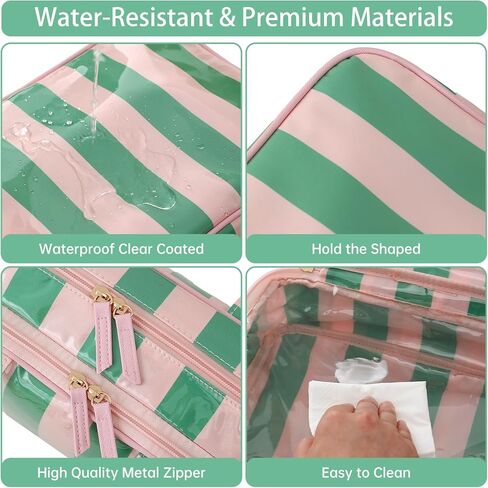 حقيبة أدوات الزينة للسفر للنساء، حقيبة مستحضرات تجميل مخططة مقاومة للماء ومحمولة ومحمولة مع حجرة، منظم سفر للشامبو والبلسم ومجموعة الفرش وإكسسوارات مستحضرات التجميل (وردي-أخضر) in Kuwait