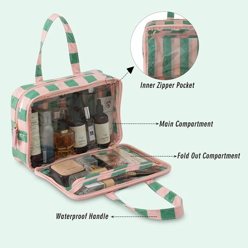 حقيبة أدوات الزينة للسفر للنساء، حقيبة مستحضرات تجميل مخططة مقاومة للماء ومحمولة ومحمولة مع حجرة، منظم سفر للشامبو والبلسم ومجموعة الفرش وإكسسوارات مستحضرات التجميل (وردي-أخضر) in Kuwait