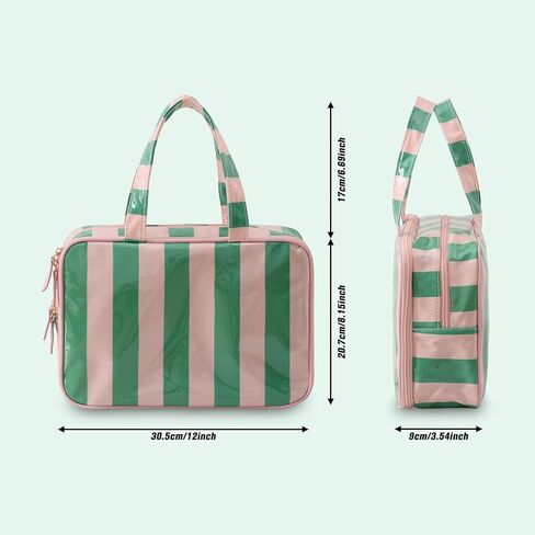 حقيبة أدوات الزينة للسفر للنساء، حقيبة مستحضرات تجميل مخططة مقاومة للماء ومحمولة ومحمولة مع حجرة، منظم سفر للشامبو والبلسم ومجموعة الفرش وإكسسوارات مستحضرات التجميل (وردي-أخضر) in Kuwait