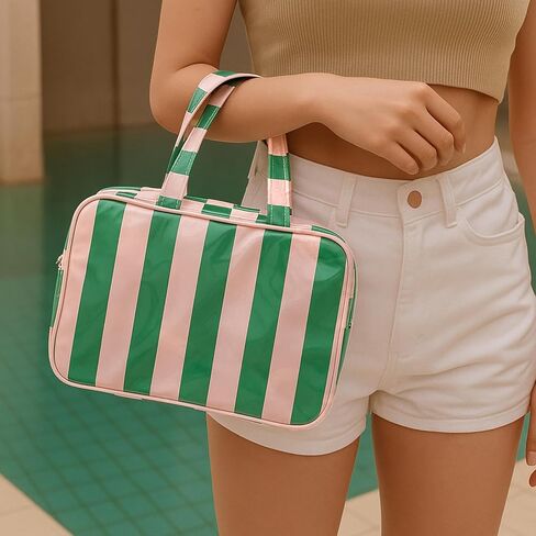 حقيبة أدوات الزينة للسفر للنساء، حقيبة مستحضرات تجميل مخططة مقاومة للماء ومحمولة ومحمولة مع حجرة، منظم سفر للشامبو والبلسم ومجموعة الفرش وإكسسوارات مستحضرات التجميل (وردي-أخضر) in Kuwait