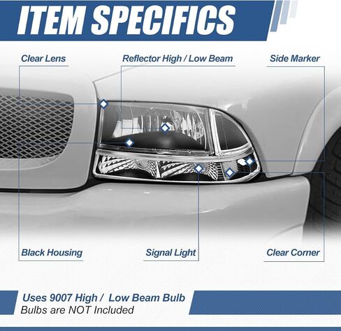 Auto Dynasty Headlights Assembly Compatible with 1997-2004 Dodge Dakota Durango, Driver and Passenger Side Halogen Headlamps Replacement w/Bumper Lamps, Smoked Lens Clear Corner in Saudi Arabia