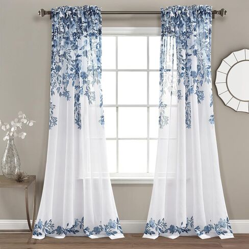 ستائر Tanisha Lush Decor - مجموعة لوحات نافذة شفافة - طباعة كرمة زهور، ديكور منزلي جميل وحديث وأنيق - 96.5 سم عرض × 95 سم طول، كحلي وأبيض in Saudi Arabia