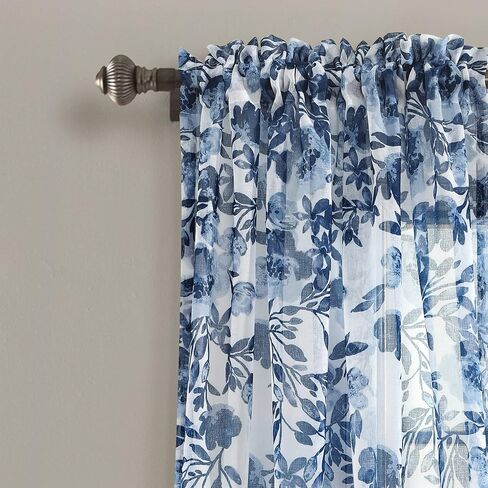 ستائر Tanisha Lush Decor - مجموعة لوحات نافذة شفافة - طباعة كرمة زهور، ديكور منزلي جميل وحديث وأنيق - 96.5 سم عرض × 95 سم طول، كحلي وأبيض in Saudi Arabia
