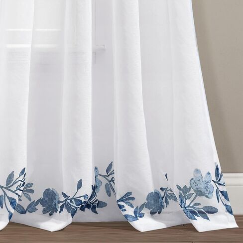 ستائر Tanisha Lush Decor - مجموعة لوحات نافذة شفافة - طباعة كرمة زهور، ديكور منزلي جميل وحديث وأنيق - 96.5 سم عرض × 95 سم طول، كحلي وأبيض in Saudi Arabia