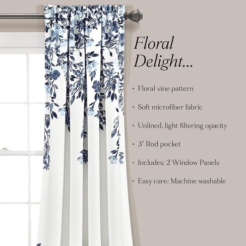 ستائر Tanisha Lush Decor - مجموعة لوحات نافذة شفافة - طباعة كرمة زهور، ديكور منزلي جميل وحديث وأنيق - 96.5 سم عرض × 95 سم طول، كحلي وأبيض in Saudi Arabia