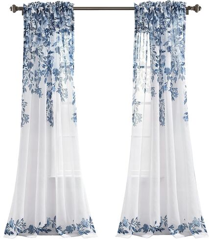 ستائر Tanisha Lush Decor - مجموعة لوحات نافذة شفافة - طباعة كرمة زهور، ديكور منزلي جميل وحديث وأنيق - 96.5 سم عرض × 95 سم طول، كحلي وأبيض in Saudi Arabia