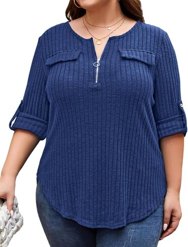 Plus Size Sweaters for Women Lightweight 3/4 Sleeve Quarter Zip V Neck Ribbed Business Casual Blouses Tops in Saudi Arabia