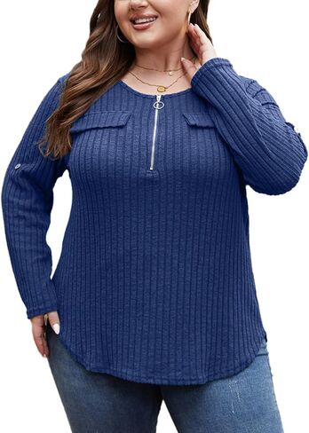 Plus Size Sweaters for Women Lightweight 3/4 Sleeve Quarter Zip V Neck Ribbed Business Casual Blouses Tops in Saudi Arabia