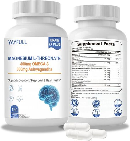 Magnesium L-Threonate 2000mg with Vitamin D, K2, Fish Oil & Ashwagandha - Brain Health, Memory, Sleep Support - Vegan Non-GMO, 120 Capsules in Saudi Arabia