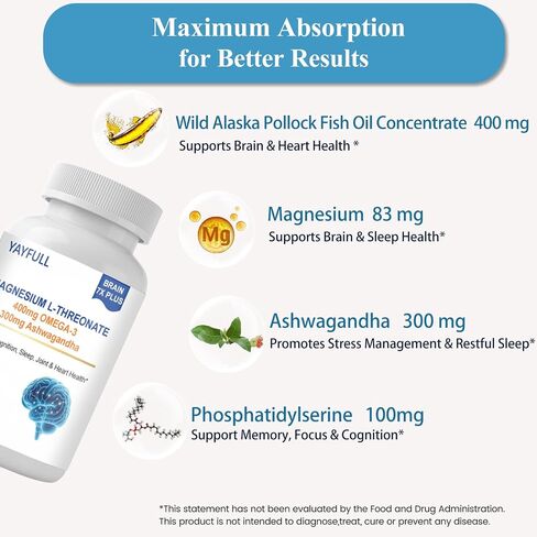 Magnesium L-Threonate 2000mg with Vitamin D, K2, Fish Oil & Ashwagandha - Brain Health, Memory, Sleep Support - Vegan Non-GMO, 120 Capsules in Saudi Arabia