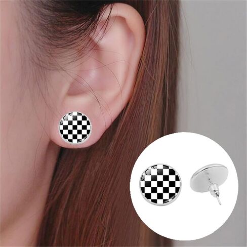 Dreuyet 2 Pairs Black White Checkered Stud Earrings for Women Men Cute Plaid Earrings Stainless Steel Posts Retro Classic Studs Checkerboard Print Glass Stud Earrings Fashion Studs Jewelry in Saudi Arabia