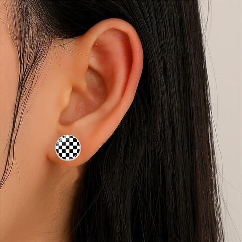 Dreuyet 2 Pairs Black White Checkered Stud Earrings for Women Men Cute Plaid Earrings Stainless Steel Posts Retro Classic Studs Checkerboard Print Glass Stud Earrings Fashion Studs Jewelry in Saudi Arabia