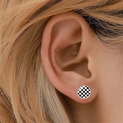 Dreuyet 2 Pairs Black White Checkered Stud Earrings for Women Men Cute Plaid Earrings Stainless Steel Posts Retro Classic Studs Checkerboard Print Glass Stud Earrings Fashion Studs Jewelry in Saudi Arabia
