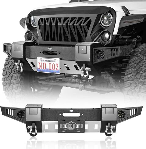 المصد الأمامي Hooke Road Wrangler JK مع لوحة ونش ولوحة انزلاقية لسيارة جيب رانجلر JK & Unlimited، مصد فولاذي للطرق الوعرة مع مصابيح LED مستديرة 2007-2018 in Saudi Arabia