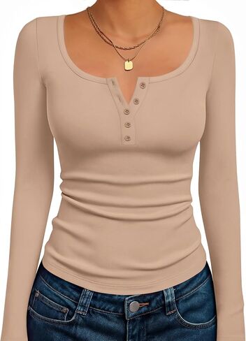 Ekouaer Women's Long Sleeve Henley T Shirts Fall Button Tops Slim Fit Casual Blouse Soft Thermal Undershirts in Saudi Arabia