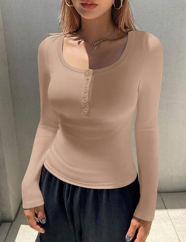 Ekouaer Women's Long Sleeve Henley T Shirts Fall Button Tops Slim Fit Casual Blouse Soft Thermal Undershirts in Saudi Arabia