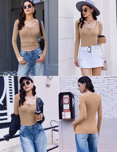 Ekouaer Women's Long Sleeve Henley T Shirts Fall Button Tops Slim Fit Casual Blouse Soft Thermal Undershirts in Saudi Arabia