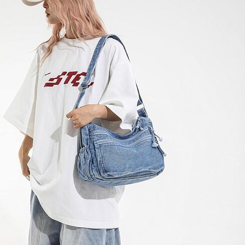 Denim Purses for Women Tote Bag, Lightweight Crossbody Purse with Multi Pockets, Large Slouchy Shoulder Bag in Saudi Arabia