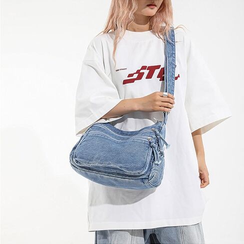 Denim Purses for Women Tote Bag, Lightweight Crossbody Purse with Multi Pockets, Large Slouchy Shoulder Bag in Saudi Arabia