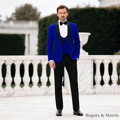 Rogers & Morris Velvet Tuxedo Suit for Men Solid Shawl Lapel 3 Piece Set Regular Fit Jacket Vest Pants Set in Kuwait