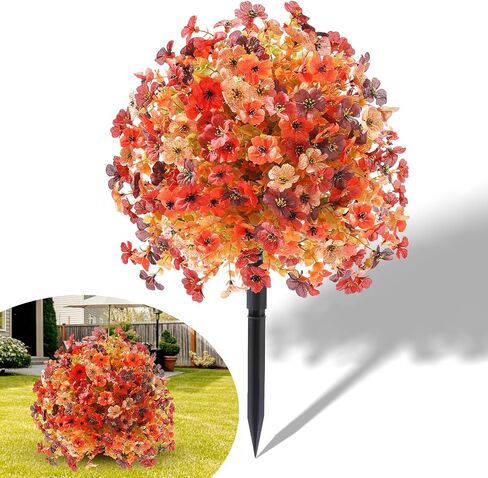 Artificial Mums Topiary Ball Tree With Flowers for Outdoors Fall Decor,Orange UV Resistant Fake Plants With Ground Spike Autumn Decorations for Home,Front Porch,Garden,Thanksgiving,Planters in Kuwait