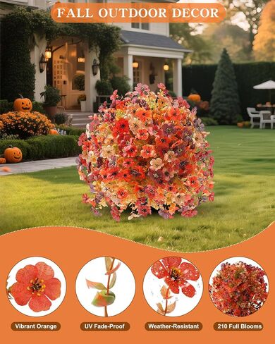 Artificial Mums Topiary Ball Tree With Flowers for Outdoors Fall Decor,Orange UV Resistant Fake Plants With Ground Spike Autumn Decorations for Home,Front Porch,Garden,Thanksgiving,Planters in Kuwait
