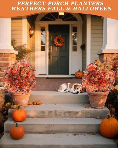 Artificial Mums Topiary Ball Tree With Flowers for Outdoors Fall Decor,Orange UV Resistant Fake Plants With Ground Spike Autumn Decorations for Home,Front Porch,Garden,Thanksgiving,Planters in Kuwait