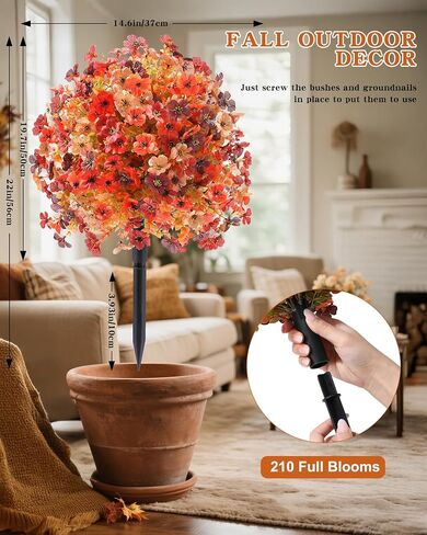 Artificial Mums Topiary Ball Tree With Flowers for Outdoors Fall Decor,Orange UV Resistant Fake Plants With Ground Spike Autumn Decorations for Home,Front Porch,Garden,Thanksgiving,Planters in Kuwait