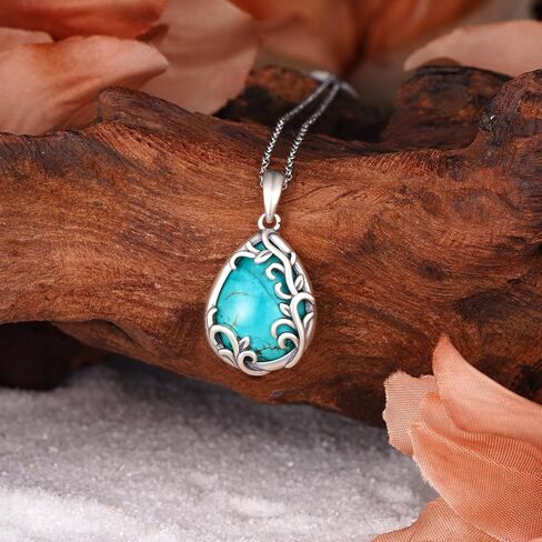 Teardrop Turquoise Necklaces 925 Sterling Silver Filigree Necklaces Pendant Genuine Natural Turquoise Jewelry Anniversary Birthday Gift for Women in Kuwait
